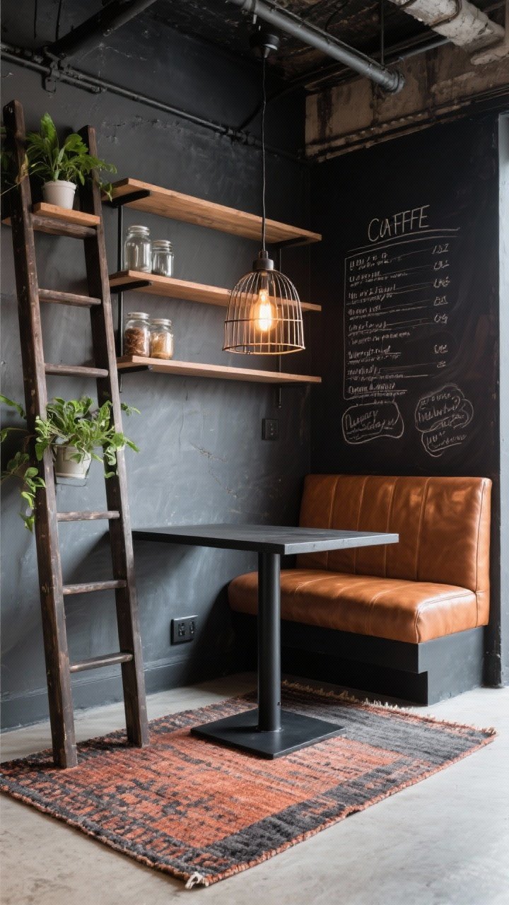 Medium industrial loft booth under ladder shelf: compact booth seat upholstered in caramel faux leather against a wall; black metal pedestal table; tall ladder-style shelving unit nearby with plants and jars; charcoal chalkboard wall behind with handwritten menu notes; caged pendant with warm Edison bulbs overhead; flat-woven rug in rust and charcoal underfoot; urban, café-cool ambiance
