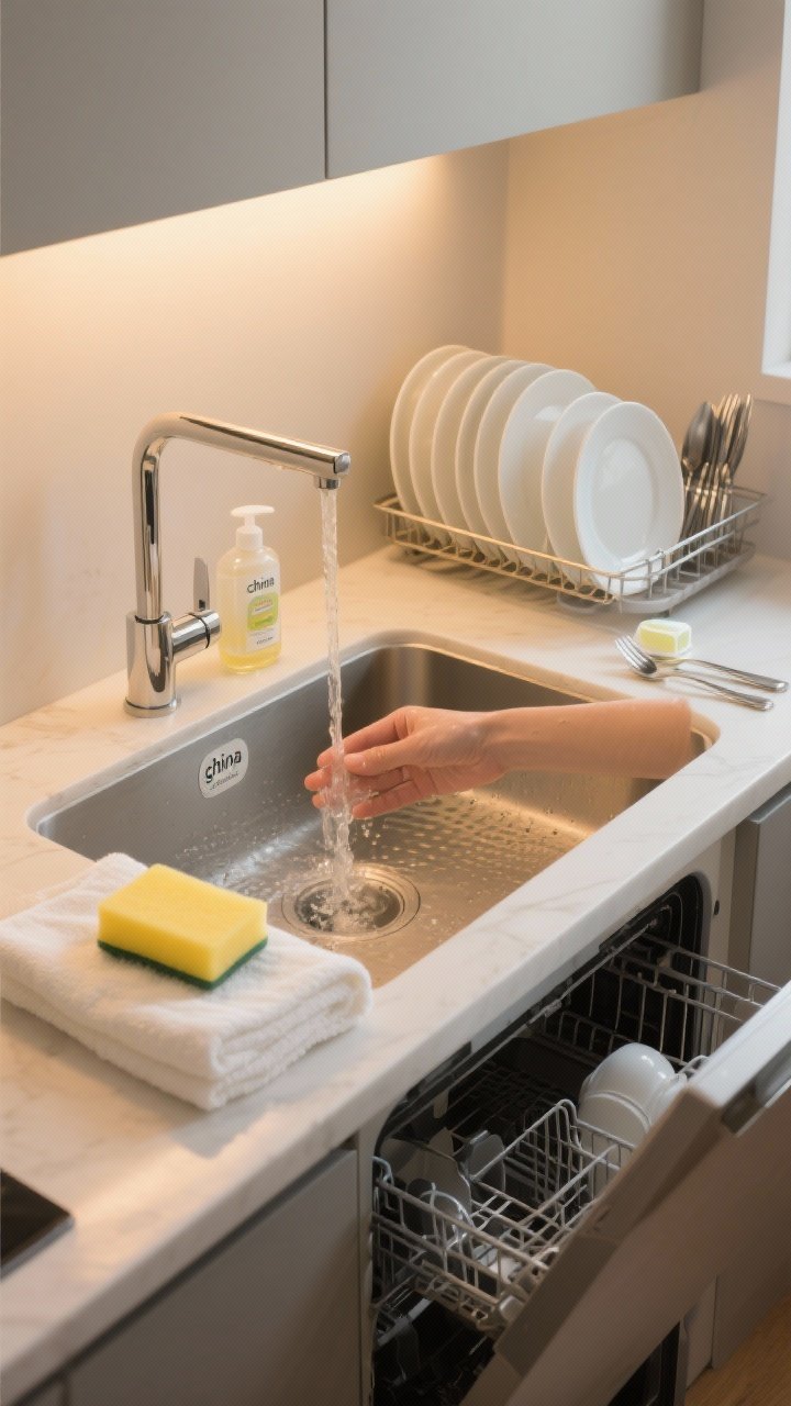 Medium kitchen sink scene: hand-washing setup with warm water, a soft yellow sponge, and mild clear dish soap; sink lined with a folded white towel/silicone mat to cushion glossy white porcelain plates with a delicate metallic rim nearby. Beside it, an open dishwasher rack shows plates spaced vertically on a “china” or “gentle” cycle label, mild detergent pod, and silverware placed apart to avoid rim contact. Ambient warm task lighting, clean modern kitchen, angled from the counter corner. No people, photorealistic.