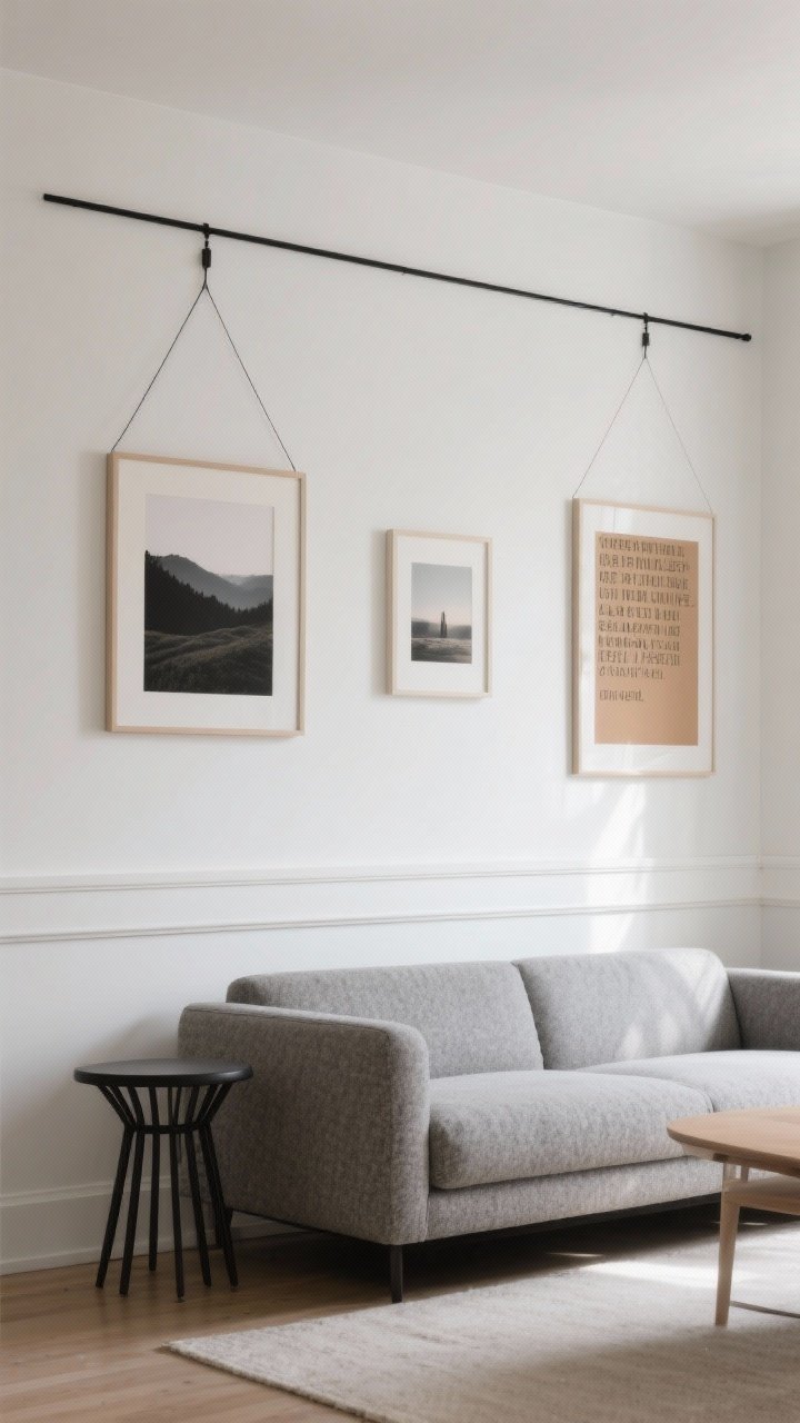 Medium living-dining wall: a thin picture rail painted warm white to match the wall, with black cords hanging two to three artworks at staggered heights—a charcoal landscape, a soft photography print, and a tan typographic piece. Below, a low-profile sectional in pebble gray with a black spindle side table. Natural daylight; flexible, minimalist gallery feel, photorealistic.