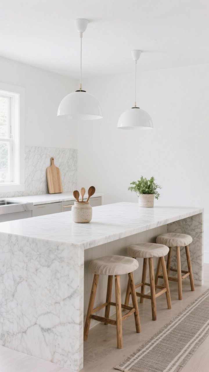 Medium minimalist kitchen scene: light quartz/marble waterfall island as hero; two or three matte white ceramic dome pendants overhead; counters breezy with a stoneware crock of wooden spoons, a pale cutting board leaning on backsplash, and a single potted herb; natural oak bar stools with linen seats lined along the island; narrow greige runner with low-contrast stripe; palette of white, pale stone, natural oak; clean, welcoming light; straight-on view, photorealistic.