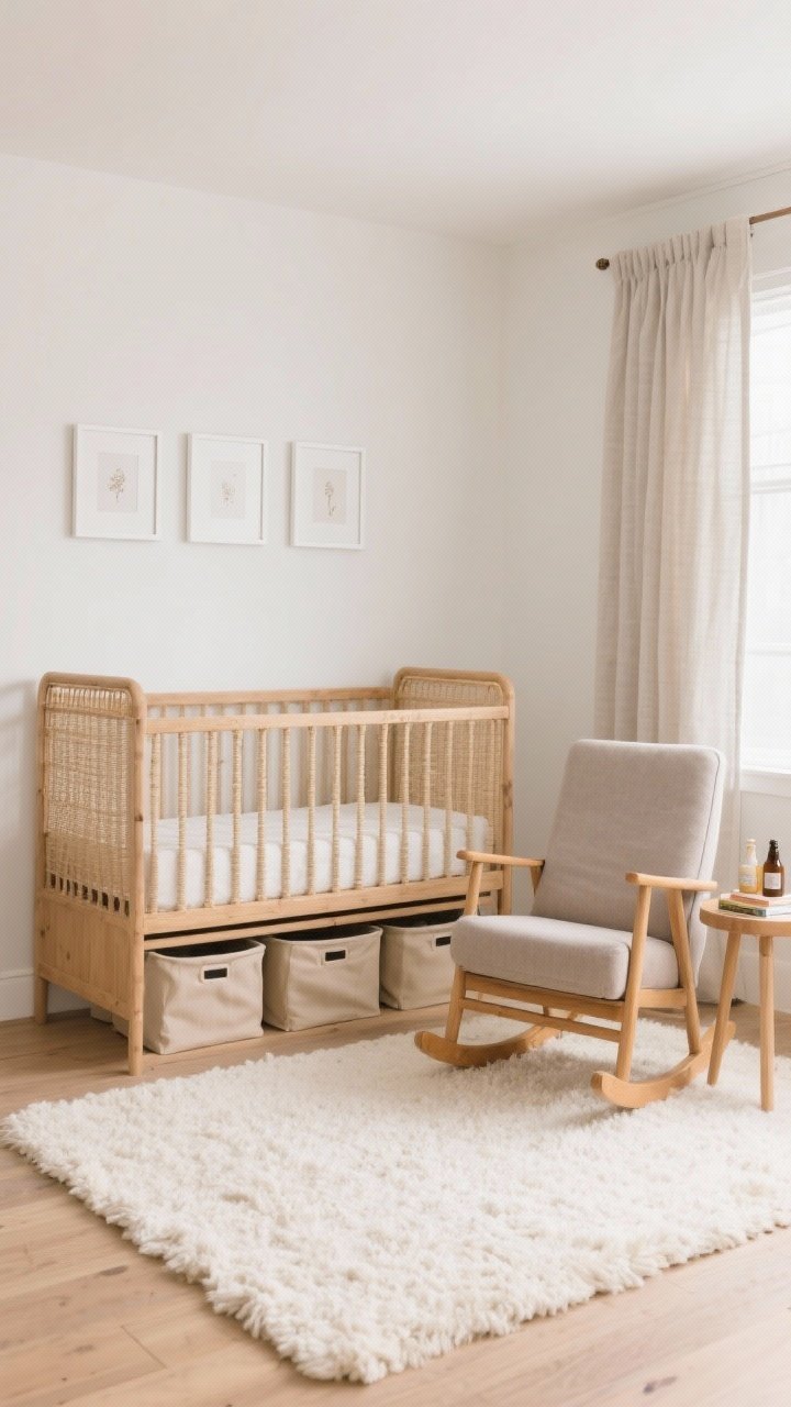 Medium nursery haven: cane-panel crib in natural wood against warm white wall; cream wool rug underfoot; soft storage with oatmeal fabric bins tucked into a low shelf; rocking chair in warm gray-beige with petite side table for bottles and books; three small minimal prints in white frames arranged simply; linen blackout curtain in soft neutral tone; palette of natural wood, cream, warm gray; gentle, soothing light; straight-on view, photorealistic.