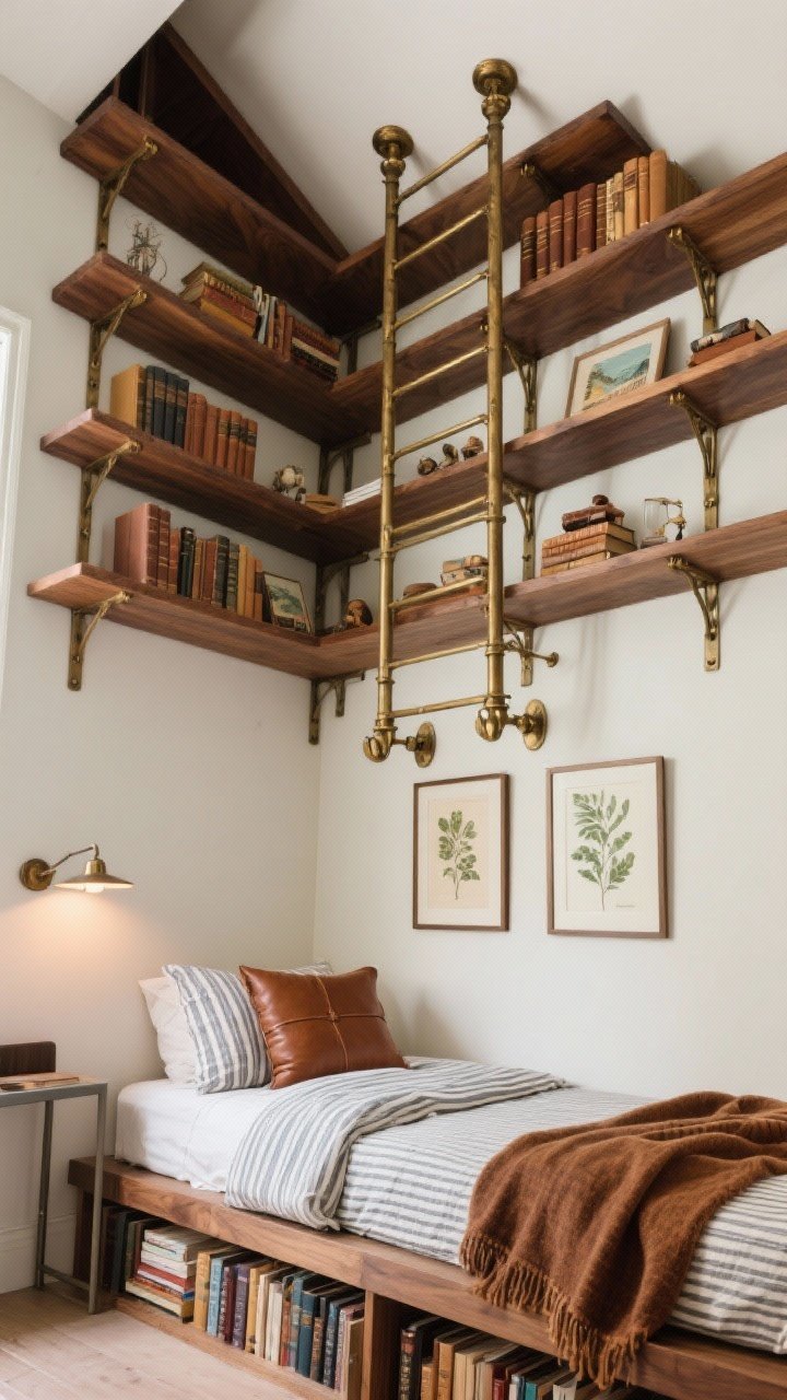 Medium perspective looking up slightly at a laddered loft nook: tall walnut shelving to the ceiling with aged brass hardware, integrated rolling library ladder. Beneath, a narrow daybed/twin sleeper dressed in stripe linen bedding with a bolster pillow and rich throw; slim console nearby for overflow books. Picture lights illuminate upper shelves; adjustable wall sconce over the daybed for task reading. Decor: leather-bound volumes, framed botanical prints, small travel souvenirs on upper shelves. Colors: walnut, cream, cinnamon, brass. Luxe, vertical, space-maximizing.