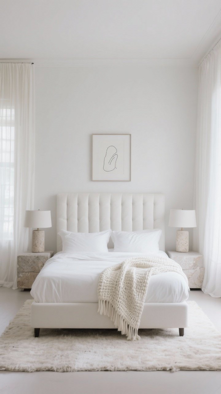 Medium, serene monochrome bedroom: bouclé channel-tufted headboard in soft white behind crisp white percale sheets, topped with an ivory knitted throw; matching stone/travertine lamps on both sides; floor-to-ceiling sheer curtains softening daylight; pale wool rug under bed; minimal framed line drawing above headboard; palette of soft white, ivory, greige; calm, tone-on-tone mood, straight-on view, photorealistic.