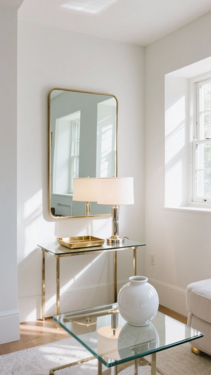 Medium shot — A bright nook using mirrors and shine to double light: a large rectangular mirror hung opposite a window reflecting daylight deeper into a small room, a brushed satin brass tray placed behind a table lamp to amplify glow, polished nickel accents and glossy white ceramic vase catching highlights, plus a clear glass coffee table that keeps the floor visible; balanced reflections without glare, clean modern styling, photorealistic afternoon light.