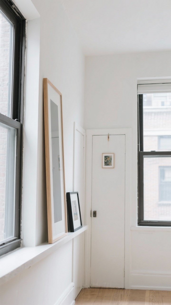 Medium shot: A narrow apartment corner between two windows featuring a skinny, tall frame in a vertical format. Nearby, a slim picture ledge holds a layered leaning arrangement: one tall frame behind a smaller one for depth. Above the doorway, a small piece hangs as an unexpected moment. Bright vertical emphasis, ceiling-height illusion, crisp daylight; shot from a slight corner angle to accentuate height.