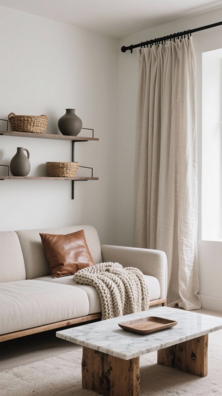Medium shot: A small living area vignette focused on soft vs. structured contrast—a sleek, slim-profile neutral sofa paired with a chunky knit throw and a single leather pillow; a rustic wood coffee table topped with a smooth marble tray; nearby, light linen curtains hang from a black metal rod; minimal wall-mounted shelves host woven baskets and a couple of matte ceramic vessels; clean lines, intentional composition, soft natural light to emphasize tactile contrast, photorealistic.