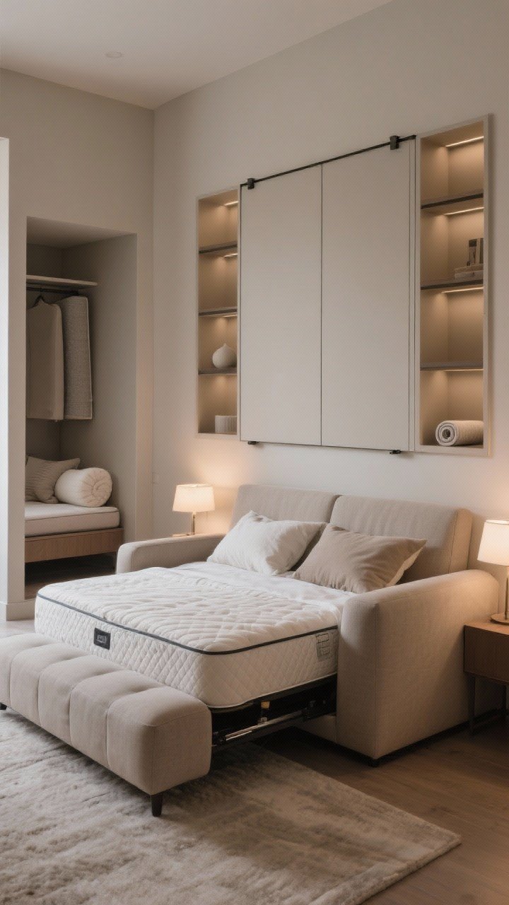 Medium shot: A stylish sleeper sofa with a single bench seat cushion pulled out into a bed, topped with a memory foam mattress and real bedding. Adjacent options shown in frame: a sleek daybed with bolster pillows and a hidden trundle, and a closed Murphy bed wall with symmetrical built-in shelves flanking it. Include a rolled mattress topper visible in a nearby closet nook. Neutral, cozy palette with soft textures; gentle ambient lamp lighting for evening warmth, photorealistic.