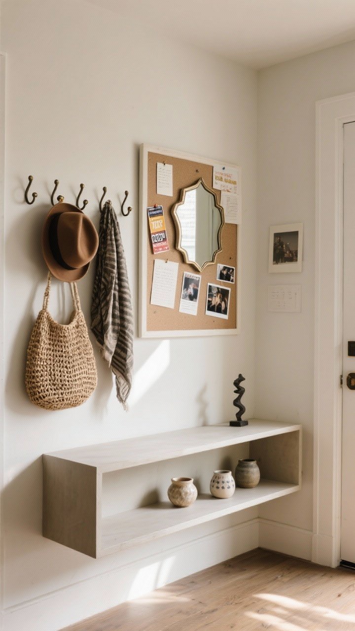 Medium shot: An entry console styled with functional art. Decorative hooks on the wall display hats, a woven bag, and a scarf in an artful arrangement; a framed linen pinboard above the console holds photos, concert stubs, and notes; a shallow wall-mounted shelf acts like a mini museum for a few small ceramics and a tiny sculpture. An artful mirror with a vintage or geometric frame bounces light, making the small space feel larger. Soft morning light; corner angle to show depth and utility.