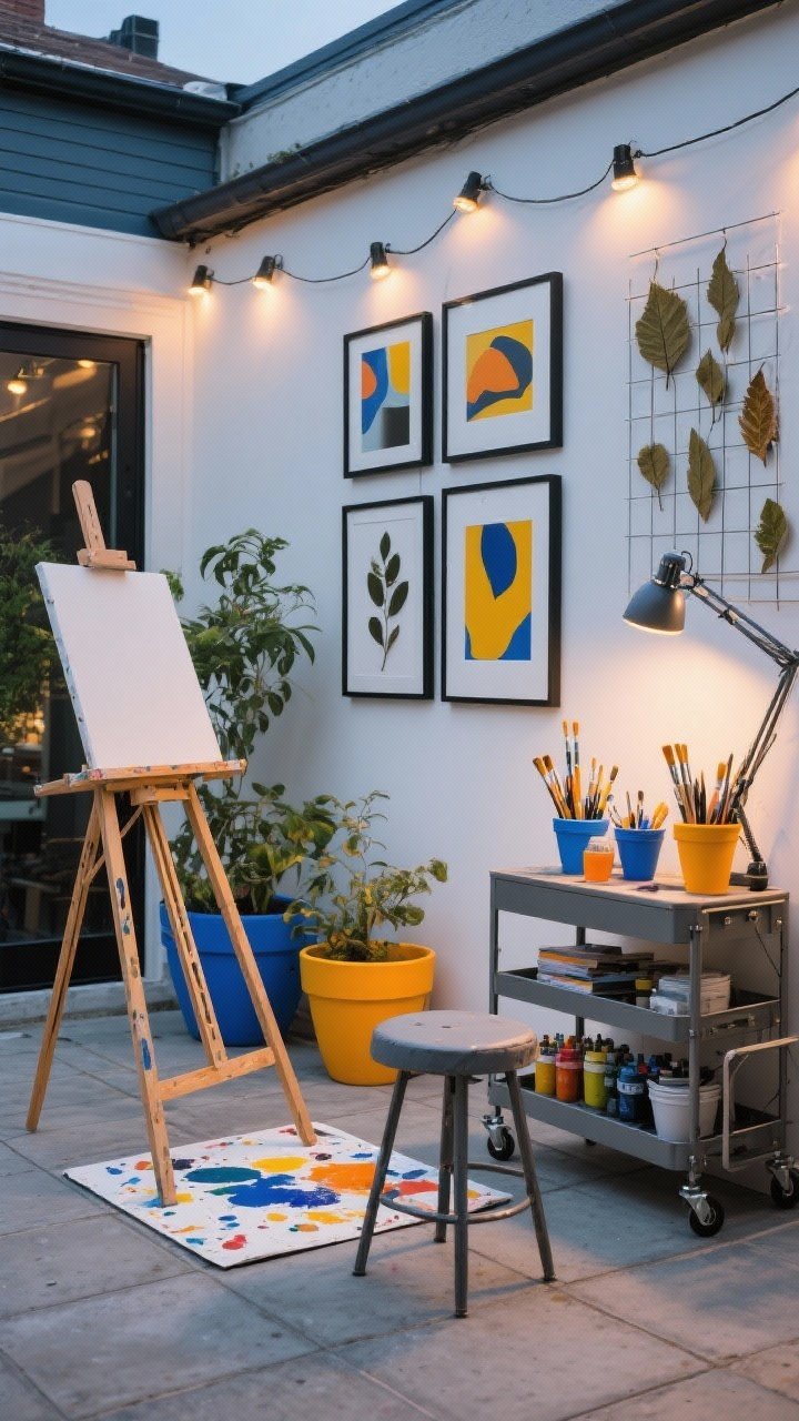 Medium shot, Artful Studio Patio in evening with task lighting: cement-look tiles and a paint-splatter-friendly mat under a compact folding easel; stool with wipeable seat; rolling utility cart organized with brushes, paints, pots; gallery grid on wall with weatherproof frames showing abstract prints and pressed leaves; bright planters in cobalt and marigold adding color punches; clip-on task lights strung along the top rail illuminating the workspace; colors cobalt, marigold, charcoal, crisp white; materials powder-coated steel, acrylic frames, washable textiles; creative, functional vibe; straight-on view.
