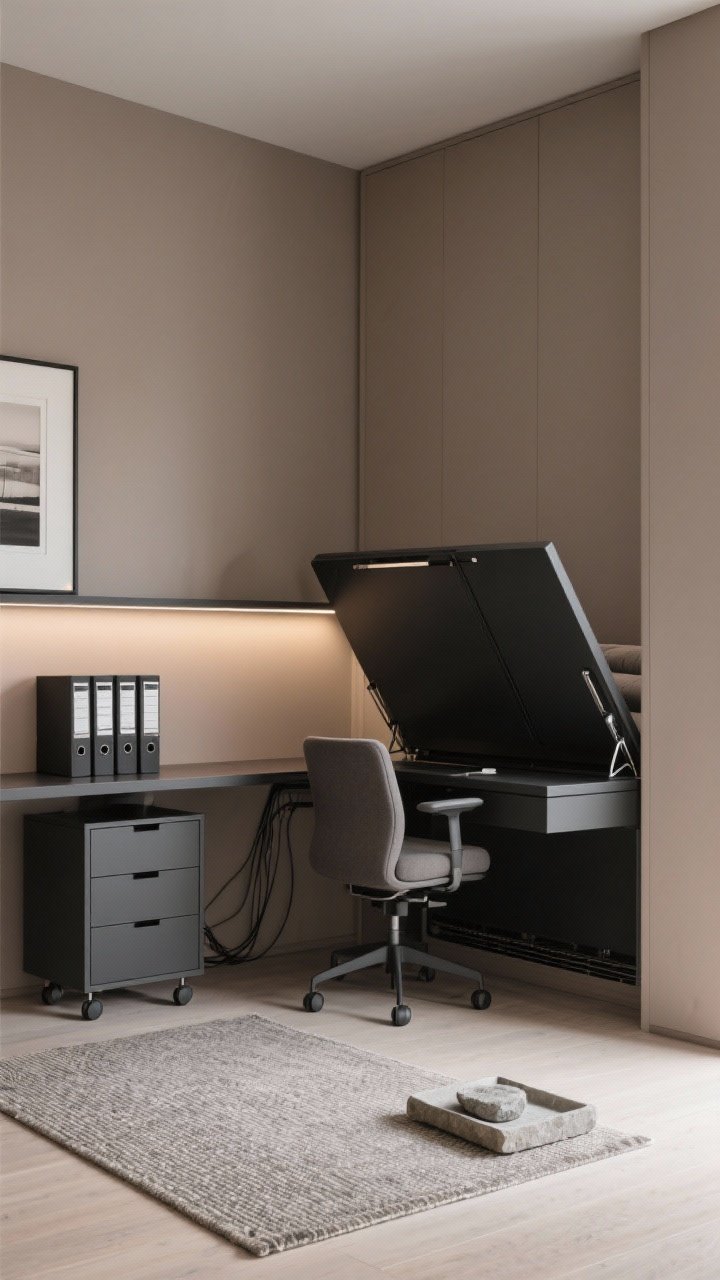 Medium shot — Calm-contrast home office corner in quiet-luxe minimal style with taupe walls, black accents, gentle curves; perspective from the side as a wall bed-style fold-down desk is open, revealing a slim desktop with cable pass-throughs, a narrow light shelf softly illuminating the work surface; armless upholstered task chair tucked fully under the desk; two vertical magazine files, a single drawer unit on casters, and a cable tray underneath; one framed print and a small stone tray; flat-weave rug ready to roll when desk folds away; soft, focused lighting, photorealistic.