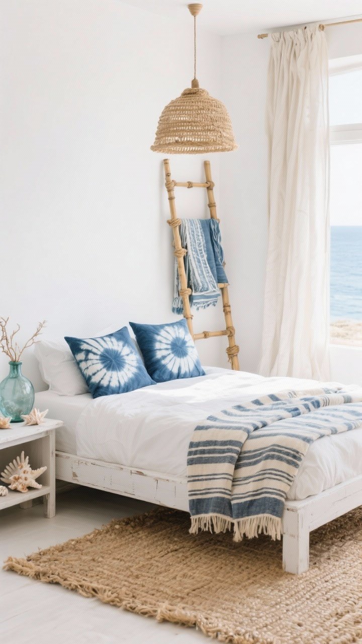 Medium shot: Coastal boho vignette with a whitewashed bed against soft white walls. Indigo shibori pillows and a striped Turkish throw on the bed. A woven seagrass rug underfoot, curtains in light linen at the window. Rope or raffia pendant light overhead, bamboo ladder leaning nearby holding textiles. A sea-glass vase on the nightstand and a few subtle shell and coral accents. Bright, airy seaside light, photorealistic.