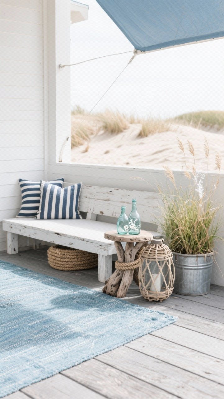 Medium shot, Coastal Calm Retreat in soft, airy daylight: weathered gray decking tiles and a soft blue flatweave rug; whitewashed bench with striped navy cushions; woven rope side table holding sea-glass bottles; driftwood-inspired lantern beside grasses in planters (liriope or dwarf fountain grass) evoking dunes; optional sailcloth-style shade partially visible above; colors soft blue, sand, white, weathered gray; materials rope, whitewashed wood, glass, galvanized metal; breezy, relaxed mood; corner angle emphasizing textures.