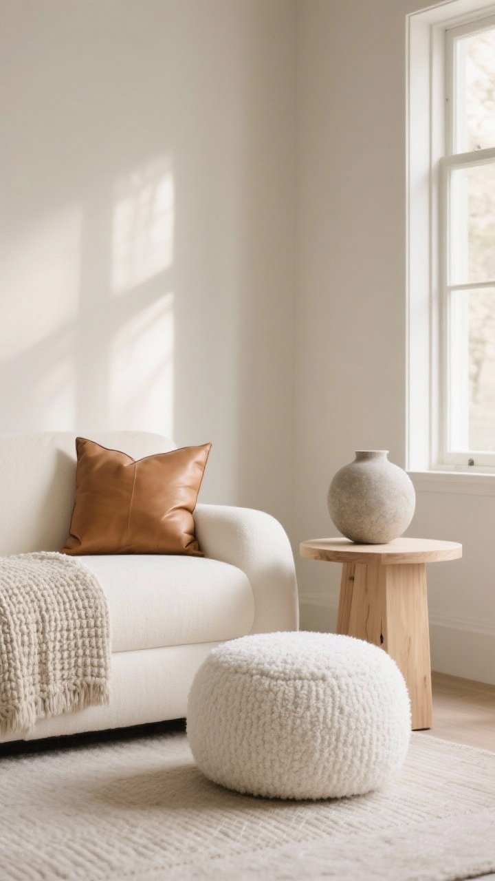 Medium shot: Cohesive textures curated by color family—neutral palette featuring ivory linen upholstery, tan leather pillow, bleached oak side table, white bouclé pouf, and a matte stone vase; secondary accents in consistent tones only, avoiding color chaos; surfaces vary from smooth, ribbed, woven, and brushed within 3–4 hues; soft window light rakes across materials to highlight weave and grain; calm, collected mood, photorealistic, straight-on perspective.