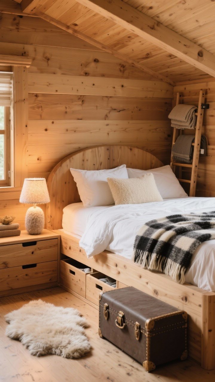 Medium shot, “Compact Cabin Cozy” corner angle: honey-toned woods with a pine bed featuring rounded corners, white cotton sheets and two cream shams, a wool plaid blanket in charcoal and cream tucked at the foot, a felted bedside lamp glowing warmly, smart storage including a ladder rack with throws, underbed drawers slightly pulled to show organization, and a narrow trunk doubling as a bench; a small sheepskin rug by the bed; hygge warmth, photorealistic.