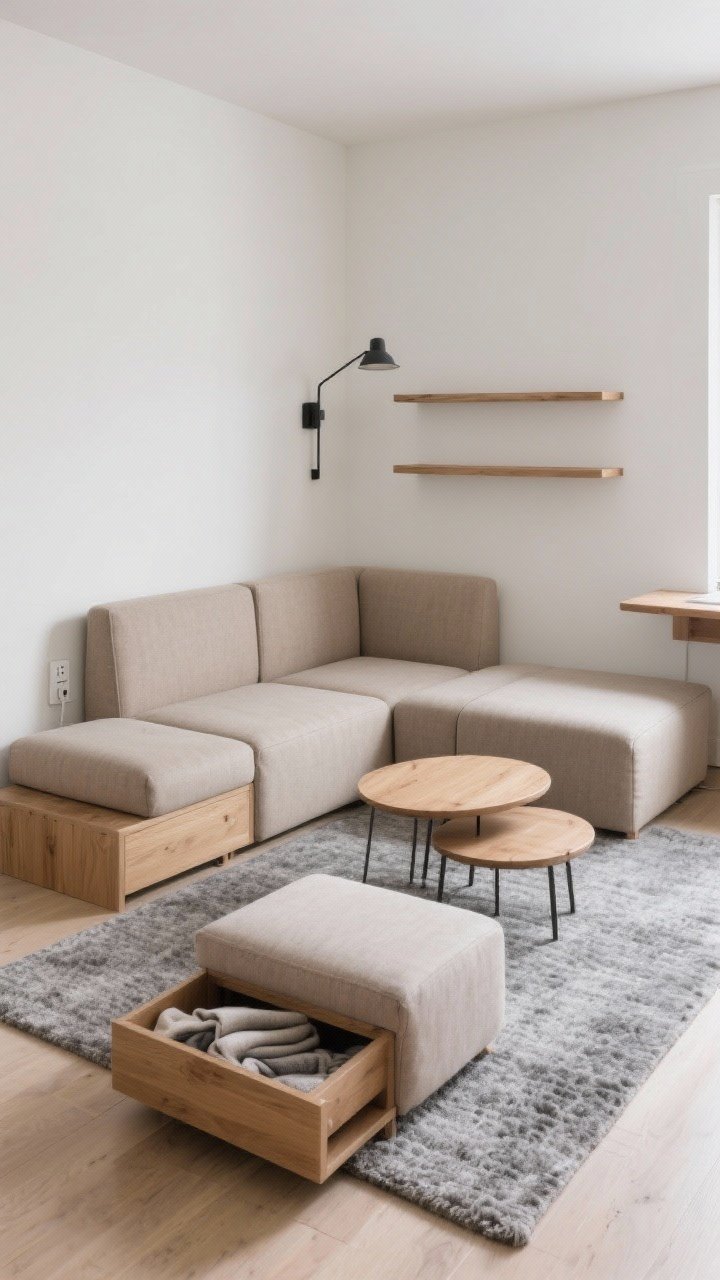 Medium shot, compact corner lounge emphasizing modularity: a modular sofa with movable ottomans arranged tightly, a nesting coffee table set, and a slim wall-mounted shelf functioning as a mini desk above. Palette of light taupe upholstery, natural ash wood, and a stone-gray loop-pile rug. Include a plug-in sconce over the sofa to keep floors clear and a storage ottoman slightly open with folded throws inside. Clean, renter-friendly.