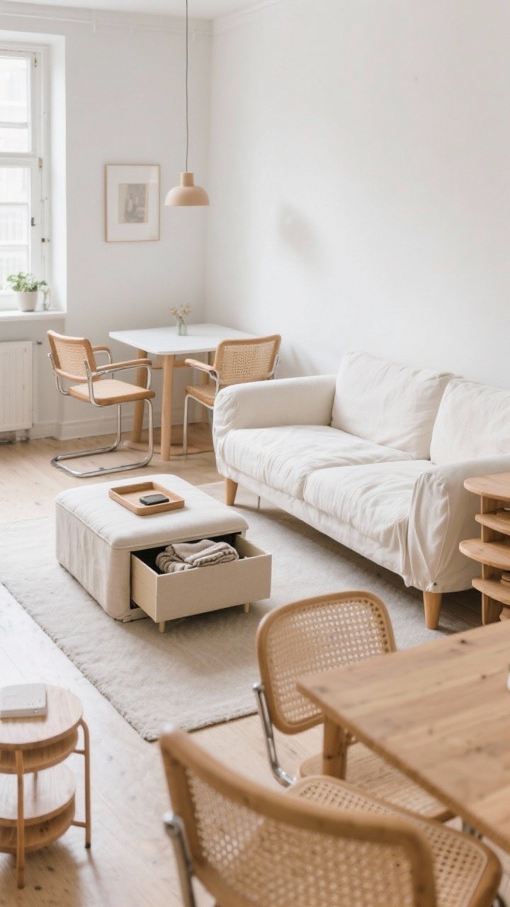 Medium shot: Compact living-dining zone in a small apartment featuring a slipcovered linen sofa in ivory with raised legs, a storage ottoman used as a coffee table with a tray and folded throws inside, and an extendable bistro table nearby. Open-leg rattan chairs in light oak maintain visual airflow; a set of nesting tables tucked beside the sofa. Light woods, streamlined silhouettes, airy finishes, soft natural light for a spacious feel.