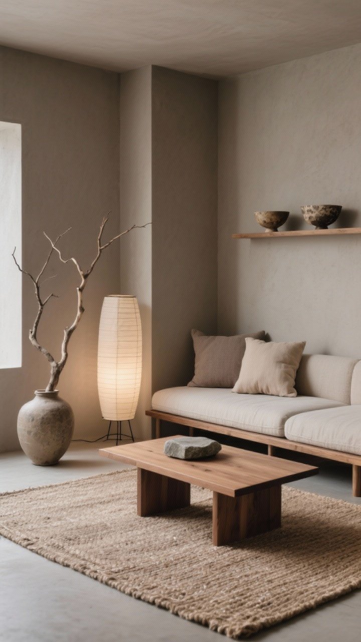 Medium shot, corner angle: A Japandi calm nook with taupe/greige walls, a low-profile futon-style sofa, and a rectangular ash wood bench used as a coffee table. Emphasize textures—rice paper floor lamp glow, linen cushions in mushroom and stone, a tatami-look jute rug underfoot. Include a single sculptural branch in a ceramic vase and two asymmetrical wabi-sabi bowls on floating shelves; overall restrained, grounded, low visual height.