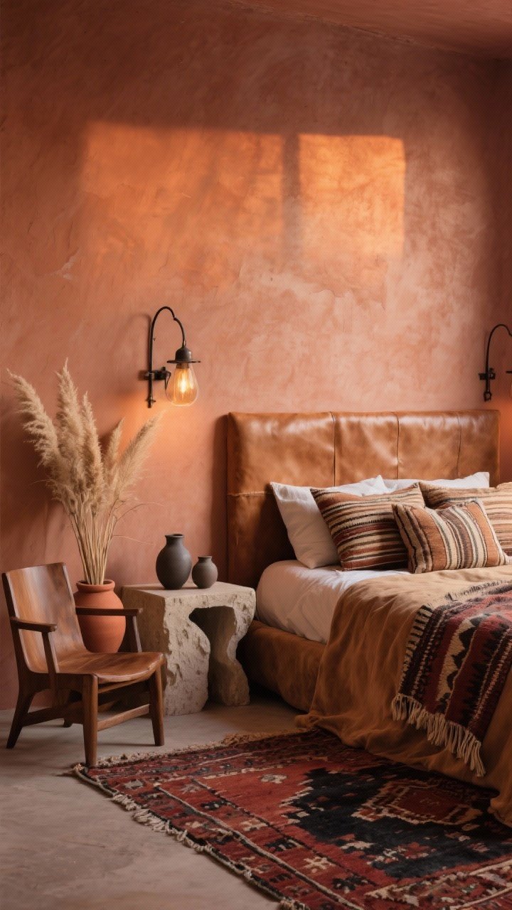 Medium shot: Desert nomad bedroom corner with soft terracotta walls and a distressed kilim rug in rust and charcoal under a camel suede bed with a leather headboard. Plaster side table holding matte ceramic vessels; iron sconces mounted on the wall casting warm evening light. Layered mudcloth pillows and a woven throw in desert stripes on the bed. Walnut accent chair and a terracotta pot with pampas grass. Moody, sun-at-dusk ambiance, photorealistic.