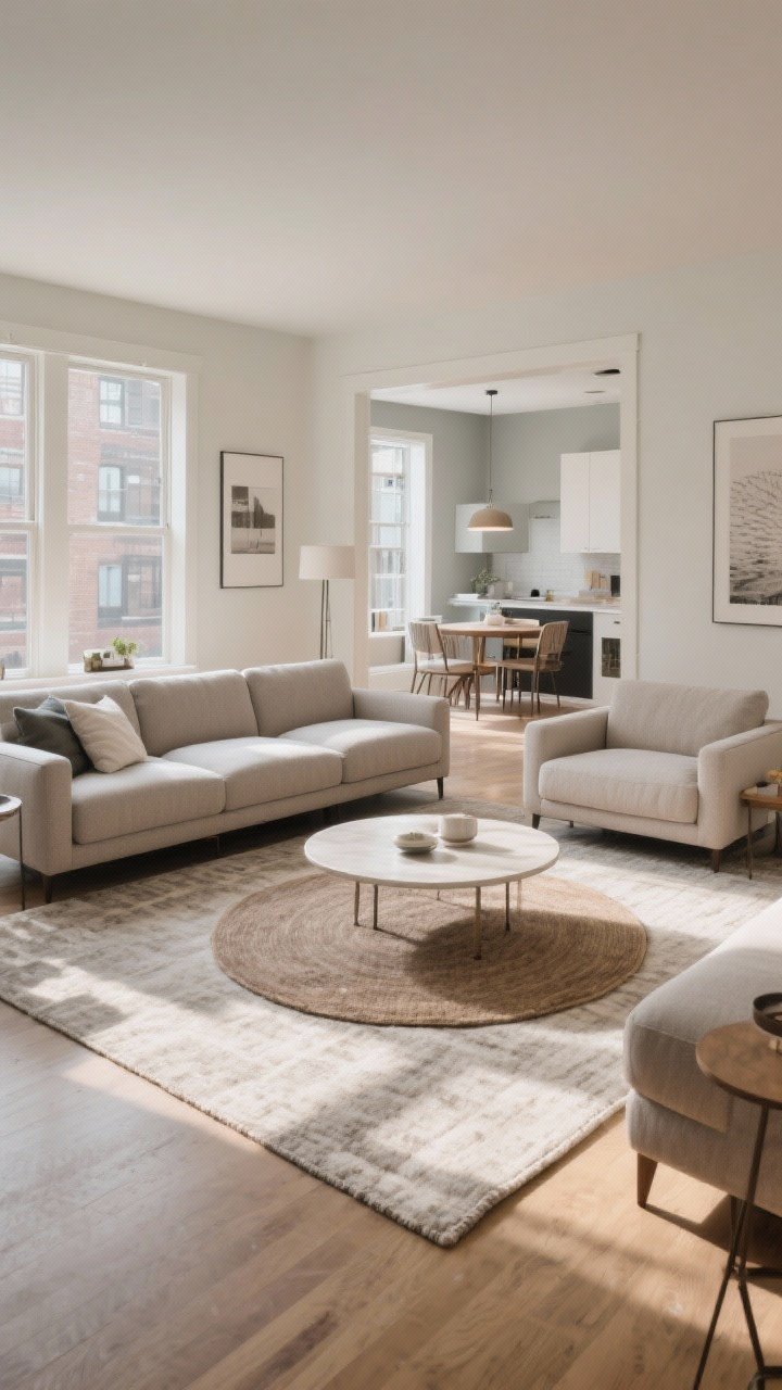 Medium shot focused on scale: a spacious living room with a sectional anchored on a 9x12 rug, leaving a 12–18 inch bare floor border around the room. Adjacent view into a dining nook shows a round table centered on a round rug echoing the shape. Add an example of an apartment sofa vignette nearby with an 8x10 rug, clearly avoiding a too-small 5x7 look. Balanced proportions, soft afternoon light, contemporary furnishings, photorealistic textures.