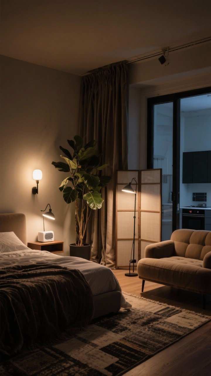 Medium shot from a corner angle: A studio sleep zone with psychological privacy. Directional task lamps and wall sconces create pools of light while the rest of the room remains dimmed. Thick curtains, layered rugs, and upholstered furniture soften sound; a discreet white noise machine sits on a small shelf. A tall leafy plant and a folding screen break sightlines to the kitchen/entry. Subtle, cozy nighttime ambiance with warm lighting, photorealistic.