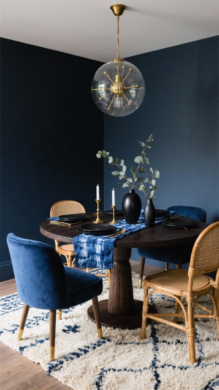 Medium shot from a corner angle: Moody Indigo Boho dining setup with a round, dark-stained pedestal table against deep navy walls (soft charcoal undertone). Seating is mismatched—two velvet indigo chairs with brass-capped legs opposite two cane-back chairs. Tabletop styled with indigo-dyed napkins, matte black plates, vintage brass candlesticks, and an indigo shibori runner. Black ceramic bud vases with eucalyptus stems add height. Overhead, a smoked glass chandelier (or brass sputnik) provides low, ambient lighting. A Moroccan Beni Ourain rug in cream softens the floor. Palette: indigo, charcoal, brass, ecru. Luxe, dramatic, photorealistic, no people.