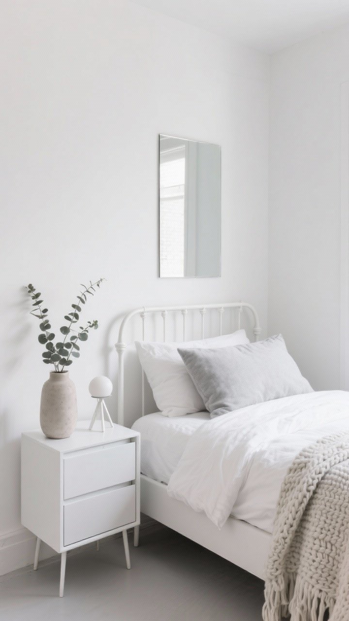 Medium shot from a corner angle of a “Cloud-Soft Monochrome” small bedroom: tone-on-tone whites with hints of cloud gray, featuring a slim white metal bed dressed in a crisp white linen duvet, pale gray flannel pillow shams, and a chunky knit throw; compact white dresser with matte fronts, petite white tripod lamp; minimal decor with a single ceramic vase holding eucalyptus, a rounded bonbon lamp, and a narrow wall mirror bouncing light; bright, airy, texture-forward, photorealistic.