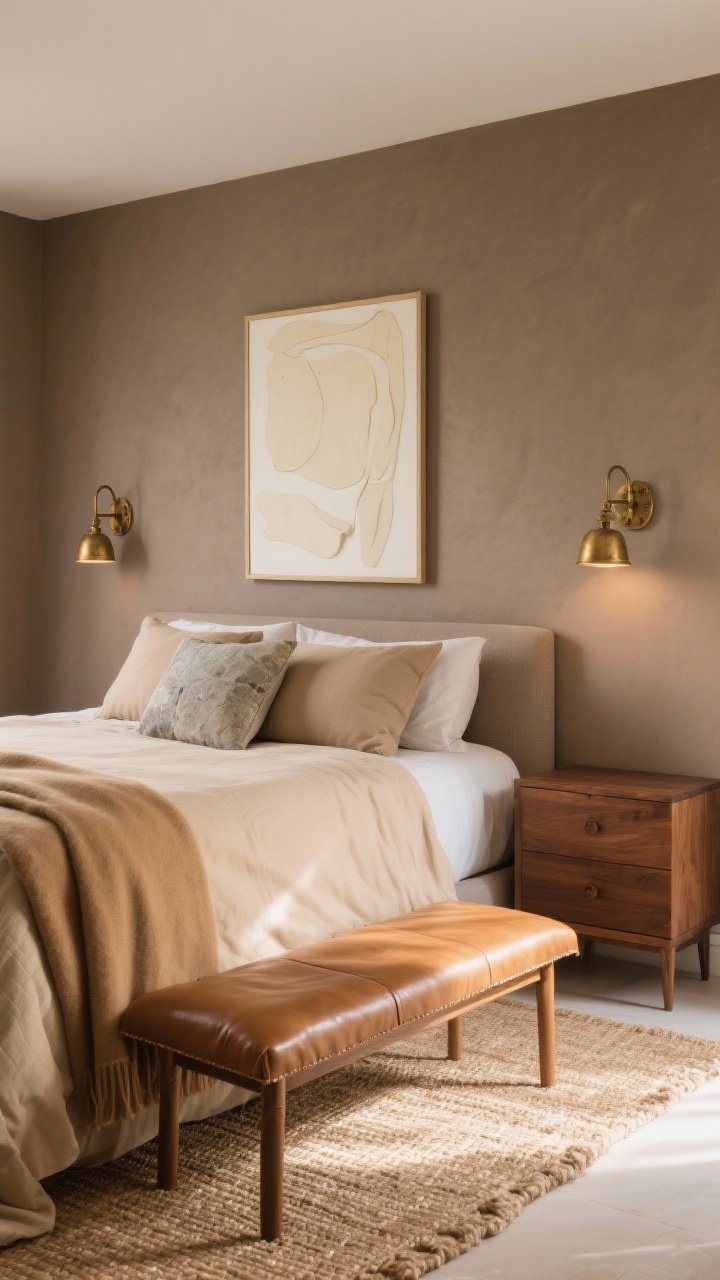 Medium shot from a corner angle: Warm taupe walls behind a bed dressed in a sand-colored duvet with stone pillow shams, a camel leather bench at the foot catching soft afternoon light. On either side, aged brass sconces provide a warm glow, and a delicate brass picture light illuminates a single oversized abstract artwork in cream tones above the bed. A walnut dresser with clean lines and no visible hardware sits to one side, styled minimally. A flatweave jute rug grounds the scene, with a cashmere throw casually tucked over one corner of the bed. Palette: taupe, camel, sand, walnut, aged brass. Textures: leather, brushed brass, sateen, solid wood, jute.