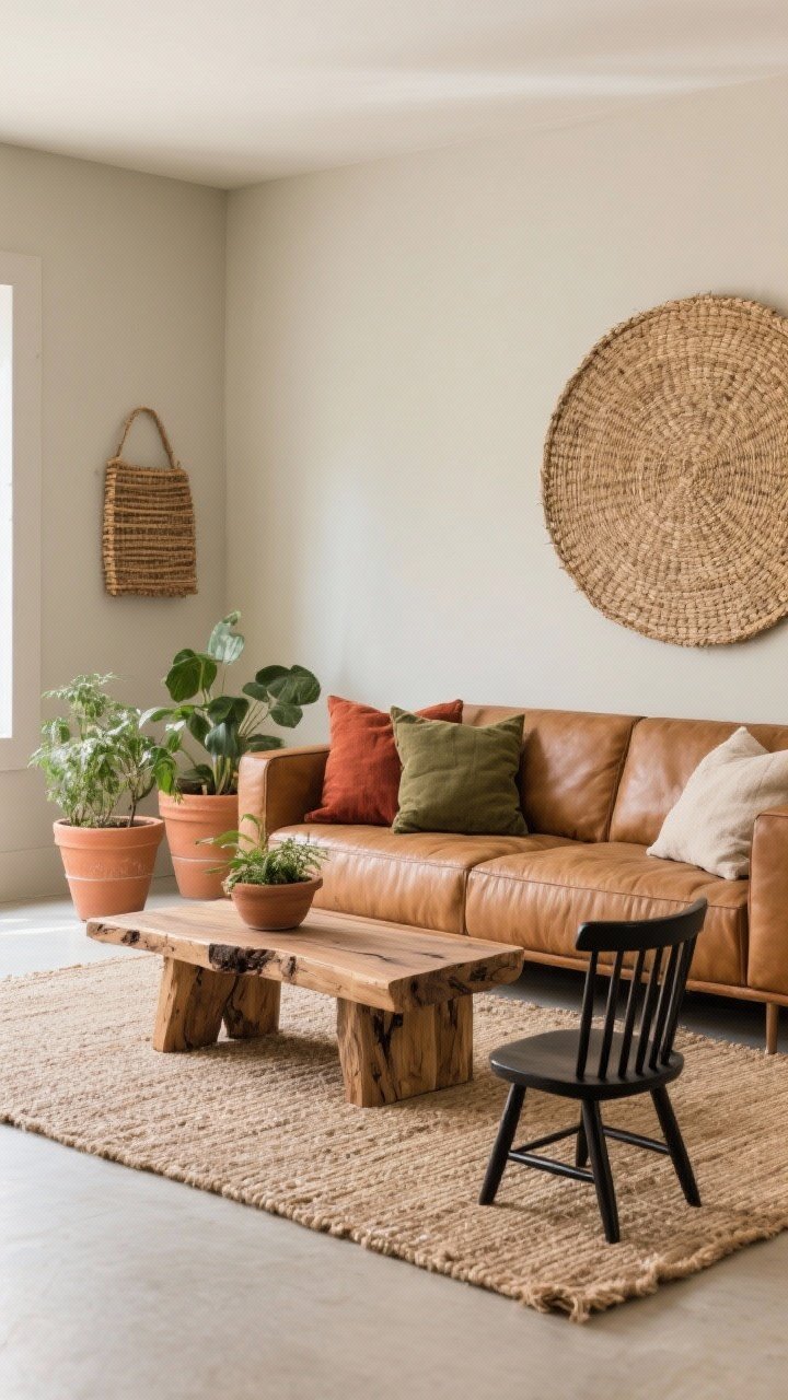 Medium shot from a side angle of an earth-toned modern rustic setup: a camel leather sofa, a raw-edge oak coffee table on a flat-woven jute rug. Walls painted creamy greige; terracotta planters with greenery, linen throw pillows in rust and olive, and a woven wall basket for texture. Include a black wood spindle chair adding graphic contrast. Warm, natural daylight, grounded and cozy.