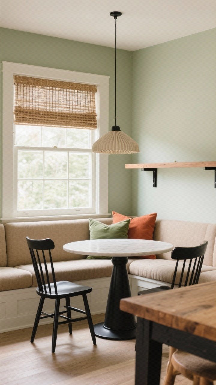 Medium shot from an angle inside a bay window, photorealistic: The Bay Window Breakfast Nook with a built-in banquette upholstered in wipeable warm oatmeal fabric, layered cushions in sage and terracotta. A round pedestal table is centered in the bay, with two spindle-back side chairs in matte black. Woven Roman shades inside the bay filter daylight, while a pleated pendant hangs over the table. Along the adjacent straight wall, a streamlined rectangular dining console in wood with matte black hardware anchors the larger space. Palette: sage, terracotta, oatmeal, matte black; bright natural morning light.