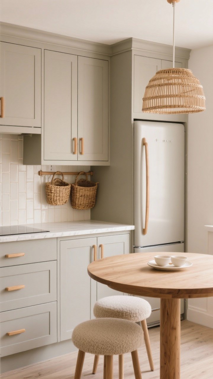 Medium shot from corner: Warm greige shaker cabinets with thin rails paired with a cream quartz worktop featuring a micro-edge profile, cream-toned vertical kit-kat tiles as backsplash, woven baskets above the fridge, a simple rattan pendant overhead, beech wood bar handles, and a small round oak breakfast table with two oatmeal-upholstered stools; cozy, textured, light and gentle.