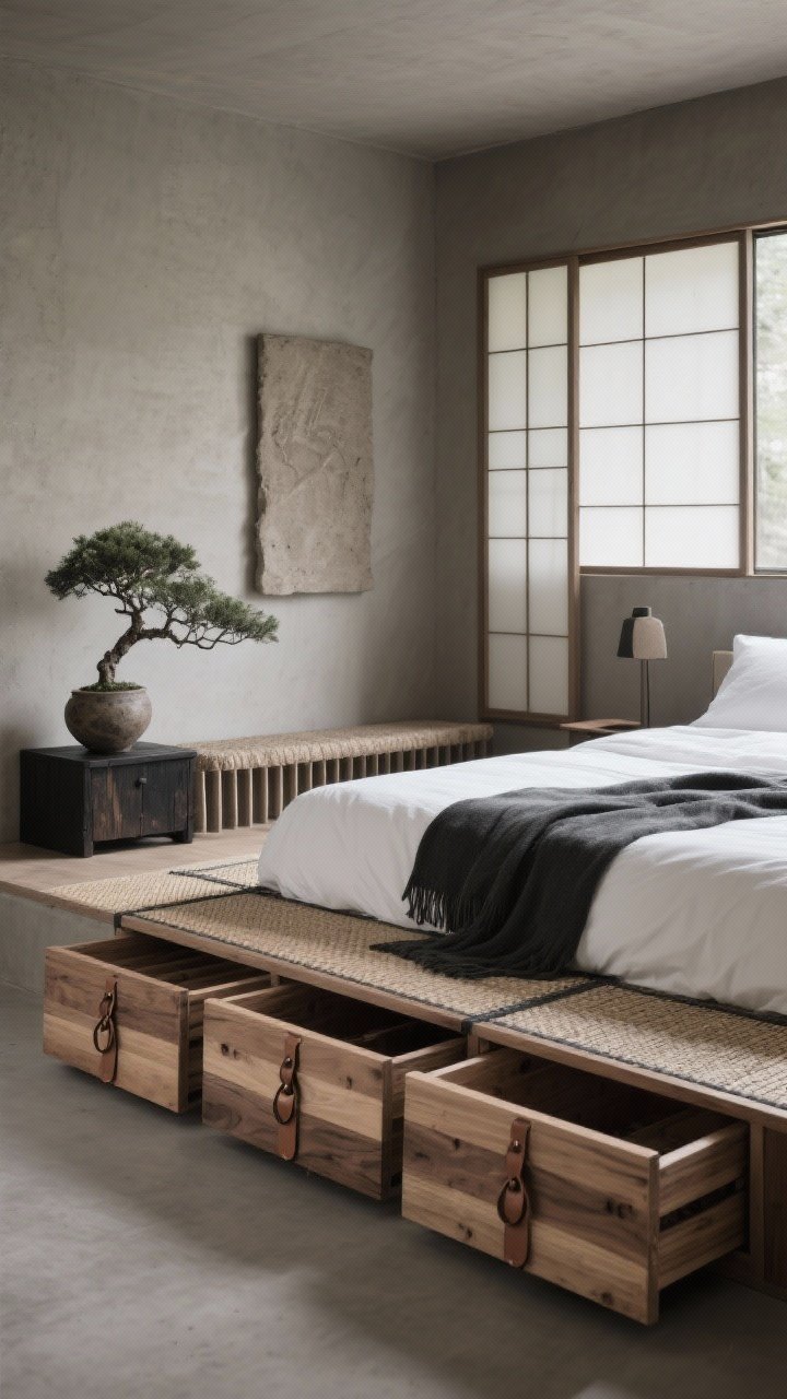 Medium shot from the foot of the bed, Japandi style: low platform wrapped in woven tatami-style panels with three slim wood-clad trunks sliding out from the foot, each with leather loop pulls and cedar lining visible; palette of smoky taupe, ink, and soft sand; shoji-inspired screen filtering light, crisp white bedding with a charcoal throw, a bonsai on a blackened oak nightstand, rough pottery and plaster wall art, slatted bench near the window; calm, grounded mood with diffused daylight; photorealistic