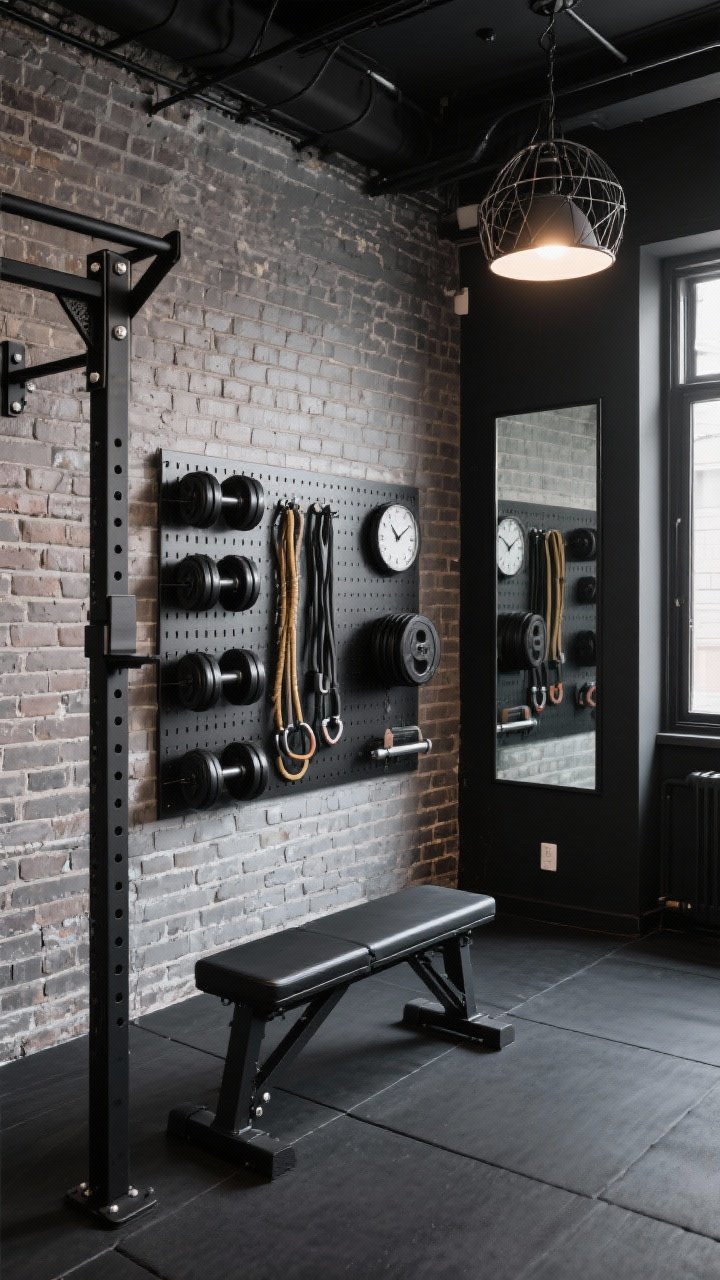 Medium shot, Industrial Micro-Loft Power Pod: compact micro-loft wall with exposed brick (or realistic peel-and-stick brick) and dark rubberized flooring; matte black half rack with spotter arms tight to the wall, fold-away flat bench beneath; wall-mounted plate tree with neatly stacked plates; steel pegboard holding jump ropes, barbell collars, and a timer clock; black-framed vertical mirror panel expanding the space; overhead wire-caged pendant casting a focused industrial glow; color palette of charcoal, black, smoked wood, and metal, all gear in matte black, photorealistic.