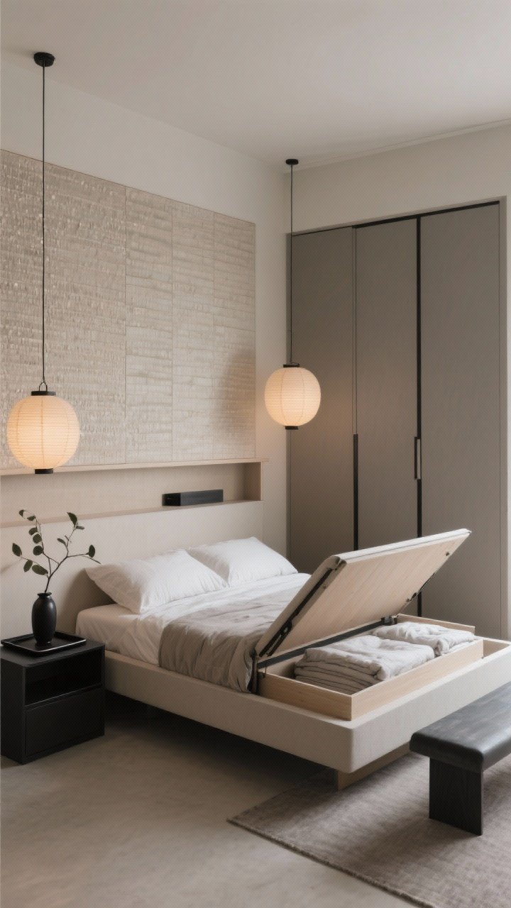 Medium shot — Japandi bedroom in layered neutrals of mushroom, sand, charcoal, with black accents; corner angle focusing on a low platform bed with lift-up storage half-open to reveal neatly folded bedding, a headboard that doubles as a shallow shelf replacing nightstands with a small black tray and a vase holding a single leafy branch; slimline wardrobe with sliding doors, narrow bench at the foot of the bed; paper lantern pendants casting a soft warm glow; one textured wall panel behind the bed adding depth; serene, minimalist, photorealistic.