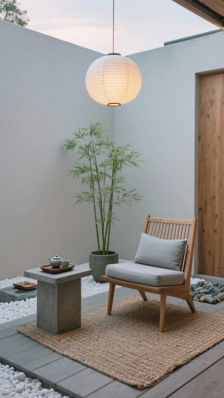 Medium shot, Minimal Zen Garden Nook in soft evening light: neutral decking tiles bordered by white gravel; a single slatted teak chair with a soft gray linen cushion; low concrete side table holding a ceramic tea set; sculptural green from a single tall bamboo in a simple pot; woven floor mat underfoot; paper-style orb lantern overhead emitting a serene, diffused glow; subtle pebble tray and small water feature nearby; colors soft gray, warm wood, stone, sage; materials teak, concrete, linen, bamboo; calm, minimalist composition, angled corner view.