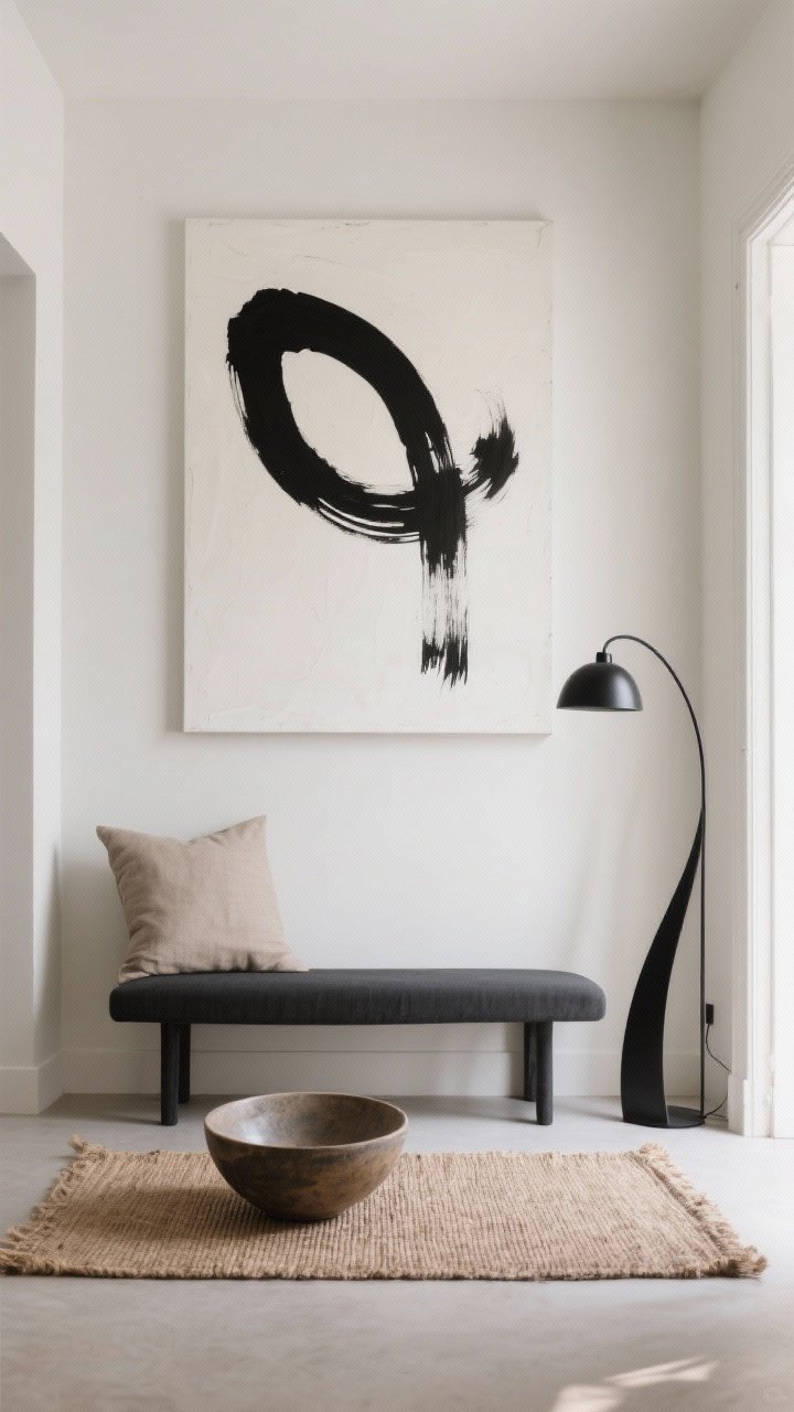 Medium shot, minimalist entry vignette: a single oversized 48x60 canvas with mostly negative space and one sweeping ink-black brushstroke above a charcoal bench with a natural linen cushion. To the right, a matte black arc floor lamp curves like a sculpture; a jute runner on the floor; a ceramic bowl on the bench. Soft natural daylight, gallery-like mood, photorealistic.
