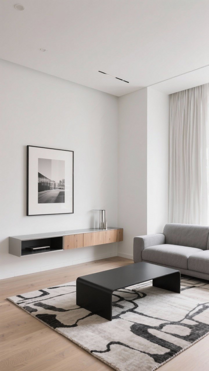 Medium shot, minimalist precision: A sleek urban minimalist living zone with warm white walls, a slim-profile gray sofa, a rectangular black coffee table, and a floating media shelf with hidden storage and no visible hardware. Restrained accents in brushed nickel and soft oak, a large tone-on-tone abstract rug, a single oversized framed photograph as focal art, and ripple-fold curtains that skim the floor; organized, calm, purpose-driven.