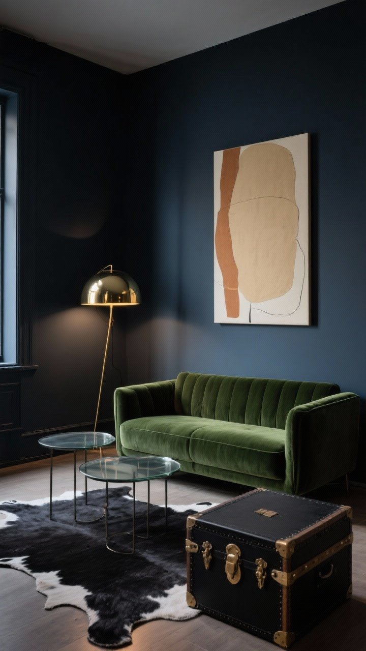 Medium shot, moody lighting: A compact modern micro-lounge with deep slate blue/charcoal painted walls, a forest-green velvet loveseat, smoked-glass nesting tables, and a leaning brass floor lamp with dome shade reflecting warm light off dark walls. Feature a large abstract canvas in warm oat and cream to soften depth, a charcoal cowhide or low-pile rug, and a black storage trunk doubling as a side table; intimate, dramatic night-in vibe.