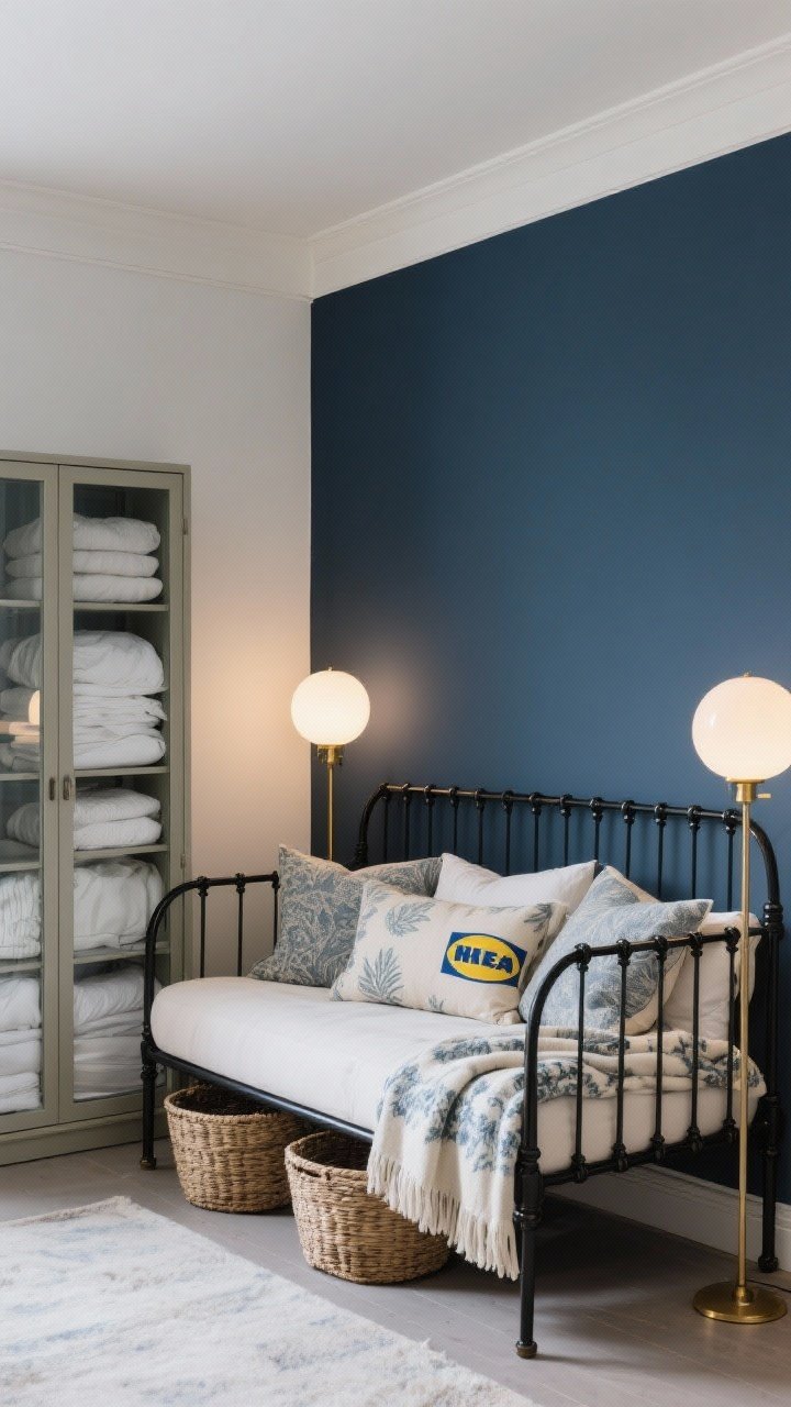 Medium shot, night-and-day guest corner: FYRESDAL daybed with elegant black metal spindles styled like a sofa with layered GURLI cushions and a chunky INGABRITTA throw; BRANÄS baskets tucked under the frame holding bedding; a narrow HEMNES glass-door cabinet used as a mini linen closet with neatly folded linens visible; a pair of FADO globe lamps on either side casting a soft, guest-friendly glow; palette of ink blue, ivory, and brushed gold accents; cozy boutique feel, photorealistic.