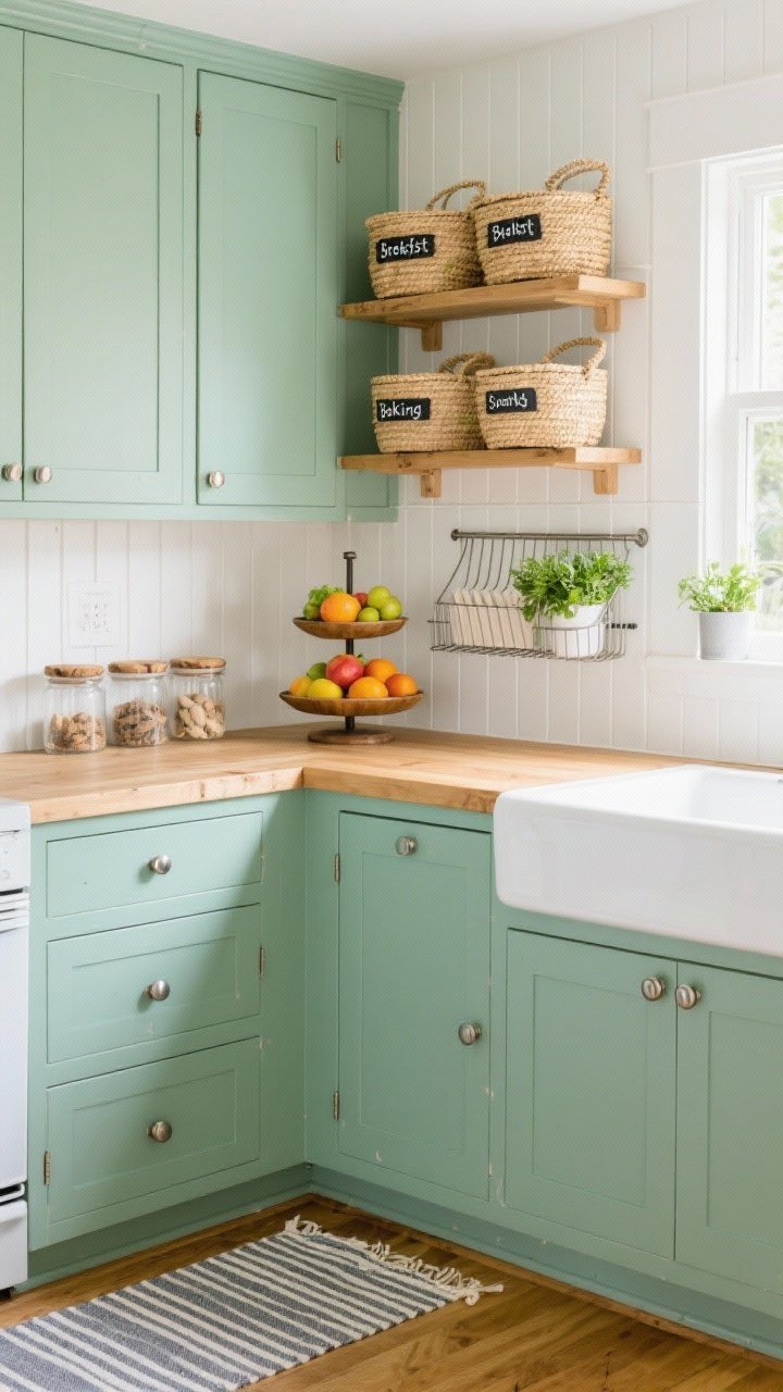 Medium shot of a coastal capsule kitchen wall: sea-glass green cabinets, white beadboard backsplash, and sanded wood counter; open shelves with lidded seagrass baskets labeled for breakfast, baking, and snacks; on the counter, a tiered fruit stand holding bright produce; brushed nickel knobs; over-sink drying rack shelf that doubles as a small herb station with potted herbs; striped runner on the floor and glass canisters with driftwood lids; bright, airy natural light, straight-on composition