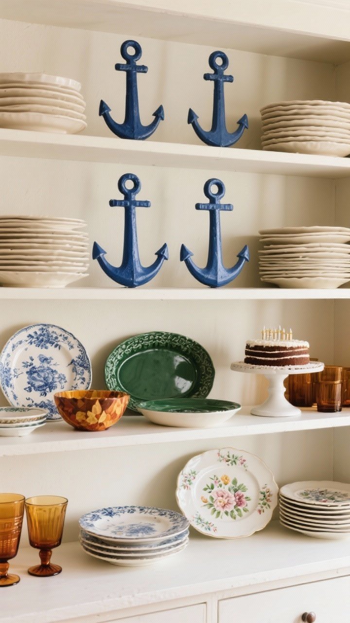 Medium shot of a curated open shelving display that communicates a signature look: two anchors—blue transferware stacks and creamy ironstone platters—forming the backbone; seasonal accents sprinkled in: amber glass tumblers and bowls for fall, a few delicate floral dessert plates for spring, a deep green serving dish hinting at winter; a favorite cake stand reserved for birthdays; calm, intentional composition with balanced color story; soft morning light for a collected, lived-in mood.