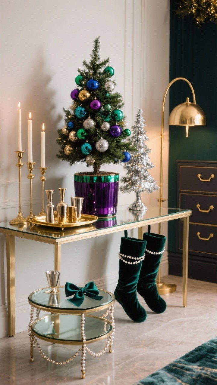 Medium shot of a jewel-box glam vignette: slim console table styled with mercury glass trees, tall tapered candles, and a sleek gold tray with barware. Deep tones—emerald, sapphire, plum—appear in a tabletop tree planted in a jewel-toned planter, ornaments in mixed metallics. Glass-top nesting side tables nearby to keep visual lightness. Velvet stockings, beaded garlands, satin ribbon bows on cabinet pulls. Warm dimmable lighting with a brass arc floor lamp glowing softly. Luxe, dramatic, photorealistic, no people.