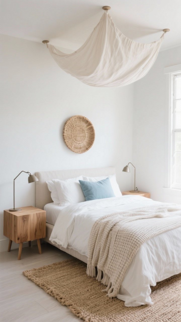 Medium shot of a light-filled bedroom nook with layered textures: soft white bedding, sand-colored linen duvet, lightweight waffle blanket at the foot; linen canopy panel suspended from the ceiling over the bed; floating oak cube nightstands on each side with brushed nickel plug-in swing-arm sconces; single woven wall basket above the headboard; pale jute rug underfoot; subtle misty blue accent pillow; gentle daylight, serene and tactile, photorealistic.
