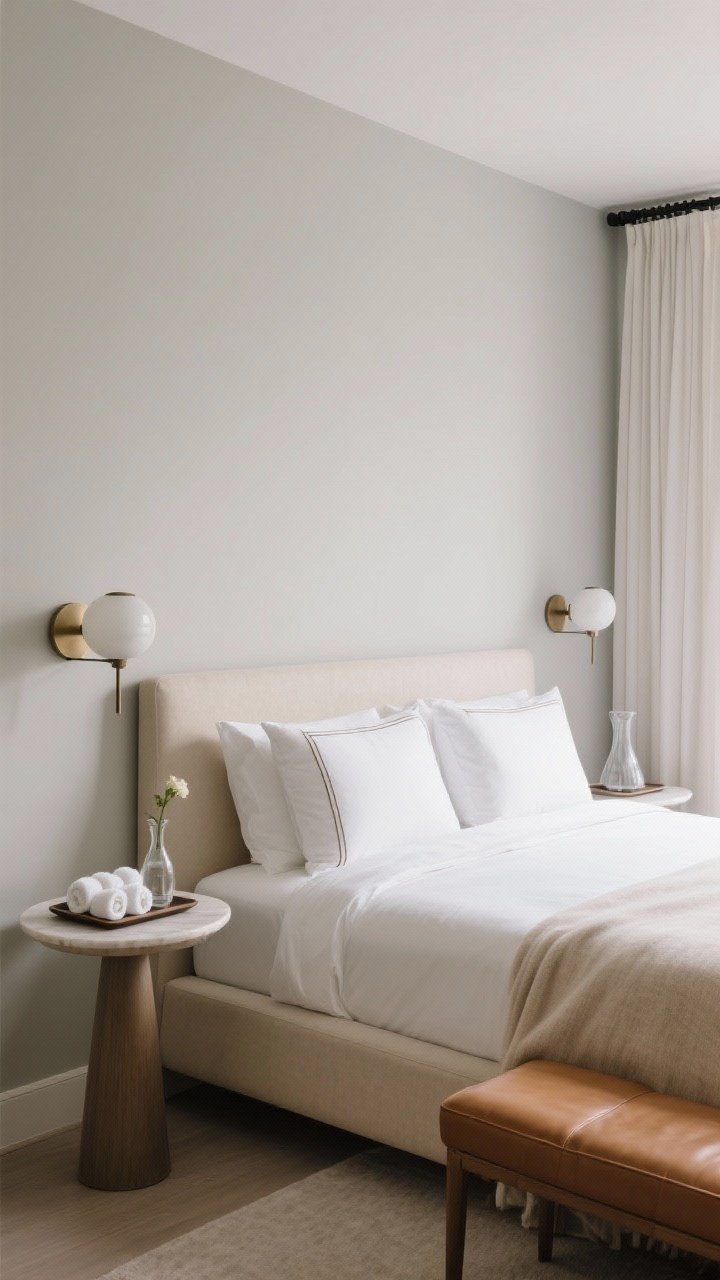 Medium shot of a minimal luxe guest room: upholstered beige platform bed with white percale sheets, two Euro pillows with simple piping, light cashmere throw; slender pedestal tables as nightstands, compact cognac leather bench at the foot; petite globe sconces wall-mounted above each nightstand, tray with rolled towels, carafe set, single stem in a bud vase; walls in soft greige matte, narrow black curtain rod with ivory drapes; calm, tailored mood, corner angle.