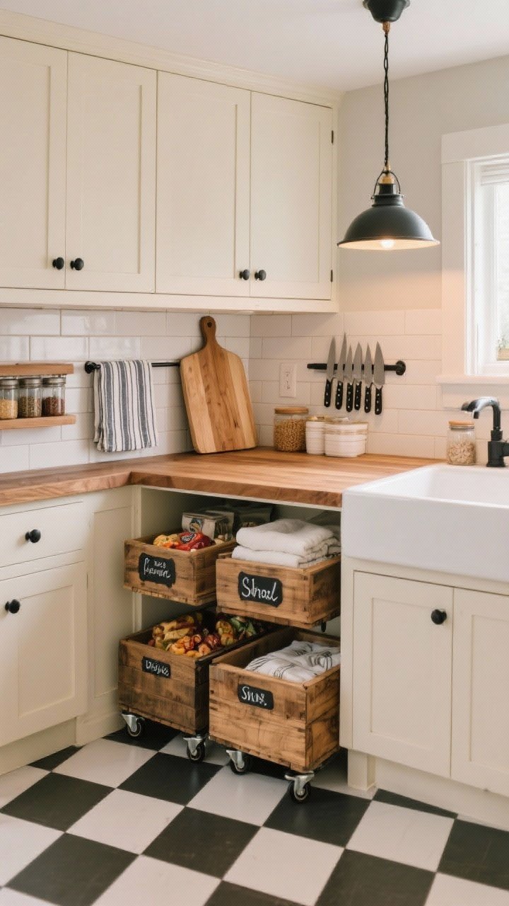 Medium shot of a modern farmhouse micro peninsula: creamy shaker cabinets, butcher block counters, matte black pulls, and a checkerboard vinyl floor; under the peninsula, wooden crates on caster trays labeled snacks, linens, and pantry overflow; wall-mounted spice ledge and a magnetic knife strip keeping counters clear; oversized cutting board leaned against the backsplash and striped cotton towels nearby; schoolhouse pendant over the sink casting warm light; cozy, practical vibe, slight angle from the aisle