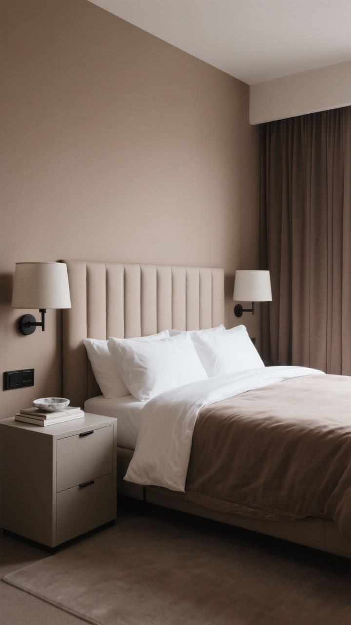 Medium shot of a monochrome bedroom with hotel calm: warm taupe walls and a wall-spanning channel-tufted headboard, layered crisp white bedding with a taupe coverlet neatly folded at the foot; cube bedside tables with discreet hardware, slim matte-black wall-mounted sconces with soft-white bulbs, linen lampshades, floor-to-ceiling blackout drapes in taupe; minimal decor—stacked book and tiny marble dish; muted, serene lighting, straight-on view from foot of bed.