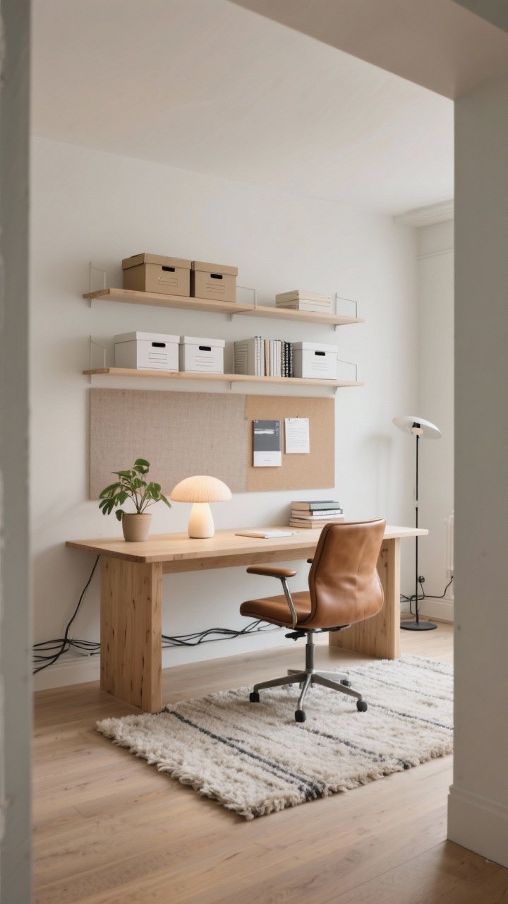 Medium shot of a soft minimal home office: light wood desk with rounded corners, simple leather task chair, floating wall-spanning shelf system holding closed boxes, a single plant, neatly lined notebooks; wool flatweave rug defining the area, mushroom-shaped table lamp casting diffused cozy glow, minimalist floor lamp in background; cable tray hides cords, fabric-covered pinboard painted to match the wall; warm oak, cream, and soft gray palette, angled view from doorway.