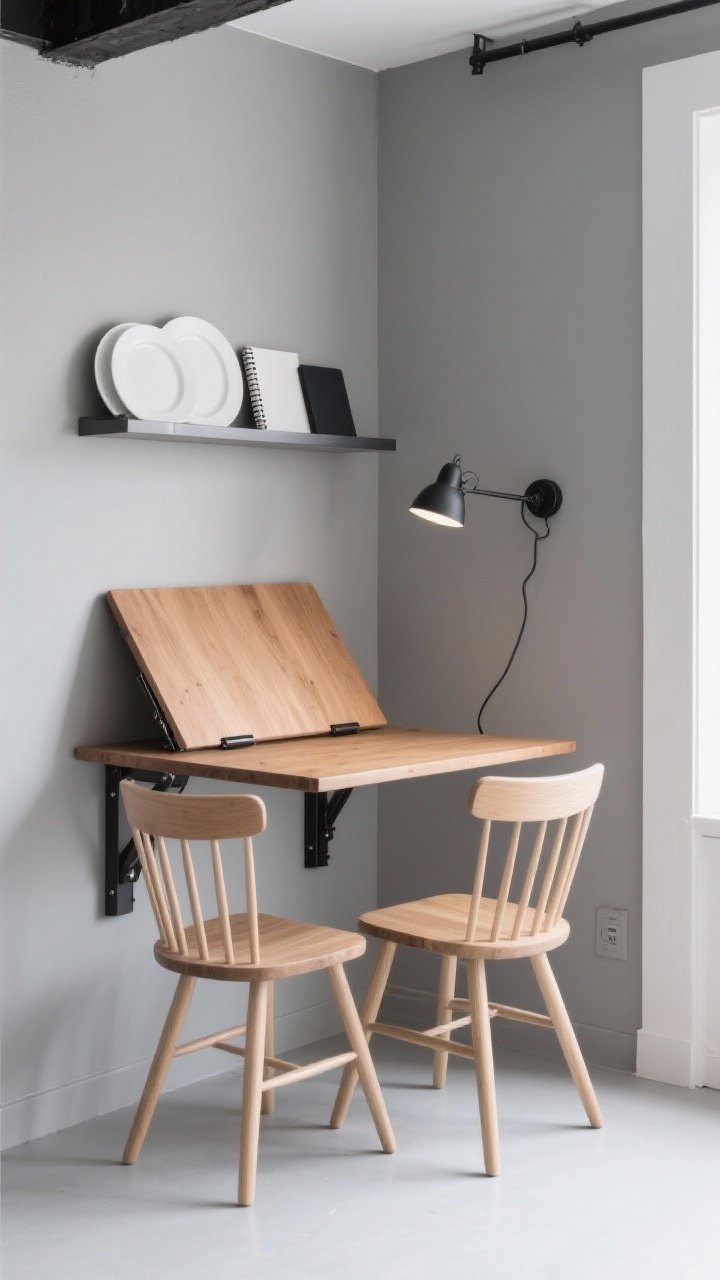 Medium shot of a soft misty-gray micro-loft dining/work nook; wall-mounted fold-down oak table opened, paired with two lightweight spindle-back chairs tucked neatly; a skinny floating shelf above holding white plates and a notebook; matte black swing-arm sconce providing directional light; neutral palette of mist gray, oak, matte black, white; angle from corner to show wall-mounted elements and compact footprint.
