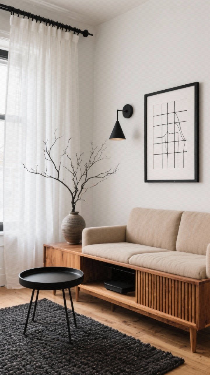 Medium shot of a warm wood and matte black micro-living area: slatted honey oak media console, round black metal side table, tight-back oatmeal sofa on a charcoal woven rug; black-framed line art hung in a simple grid, matte black curtain rods with sheer white linen panels diffusing light; cone sconces above the sofa, sculptural bare branch in a ceramic vase on the side table; cozy contrast, modern, compact, photorealistic.