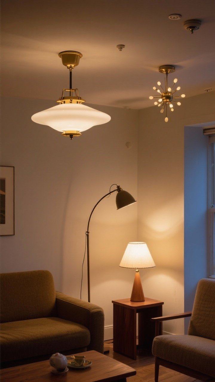 Medium shot of layered mid-century lighting in a small living space: ambient light from a semi-flush opal glass fixture with brass hardware, task lighting from an arc floor lamp beside the sofa, and accent glow from a small table lamp with a conical shade; optional vintage-inspired mini sputnik fixture if ceiling height allows; evening setting with dimmers engaged for warm, sculptural illumination and defined light layers—no overhead-only glare.