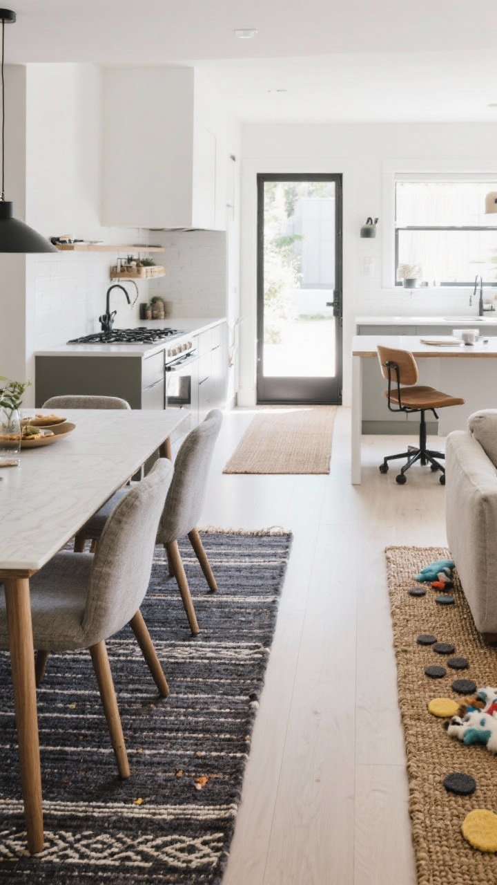 Medium shot of materials by zone: dining area with a low-pile wool or performance rug under a table, chairs sliding easily; kitchen with a washable flatweave runner in a darker tone to hide splashes; living area with a durable wool or patterned performance rug suitable for kids/pets; entry with an indoor-outdoor or sturdy jute rug. Include subtle signs of practicality like felt pads under workspace chair nearby and easy-clean finishes. Bright, functional daylight, clean and resilient vibe.